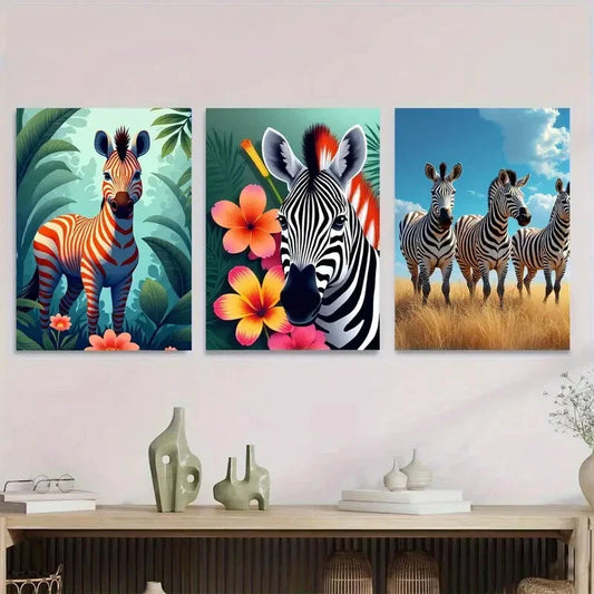 3pcs Colorful Zebra Picture Folwer Vibrant Wall Art Set Canvas Framed 40x60cm - High Quality Print 100% Australian Made Wall Canvas Ready to Hang