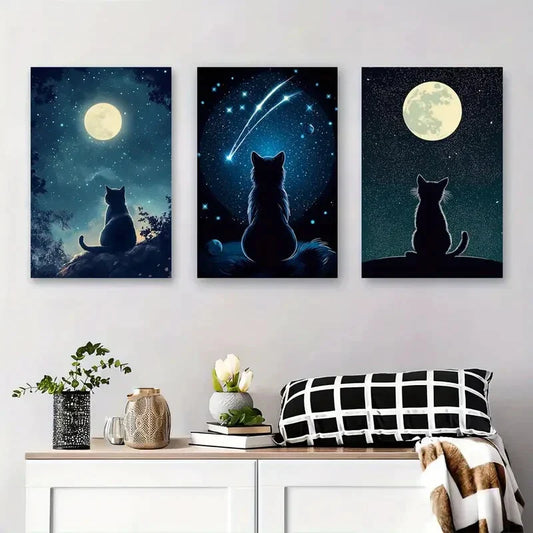 3pcs Cat in the Night Sky Starry Night Cat Metal Print Ready to Hang Art