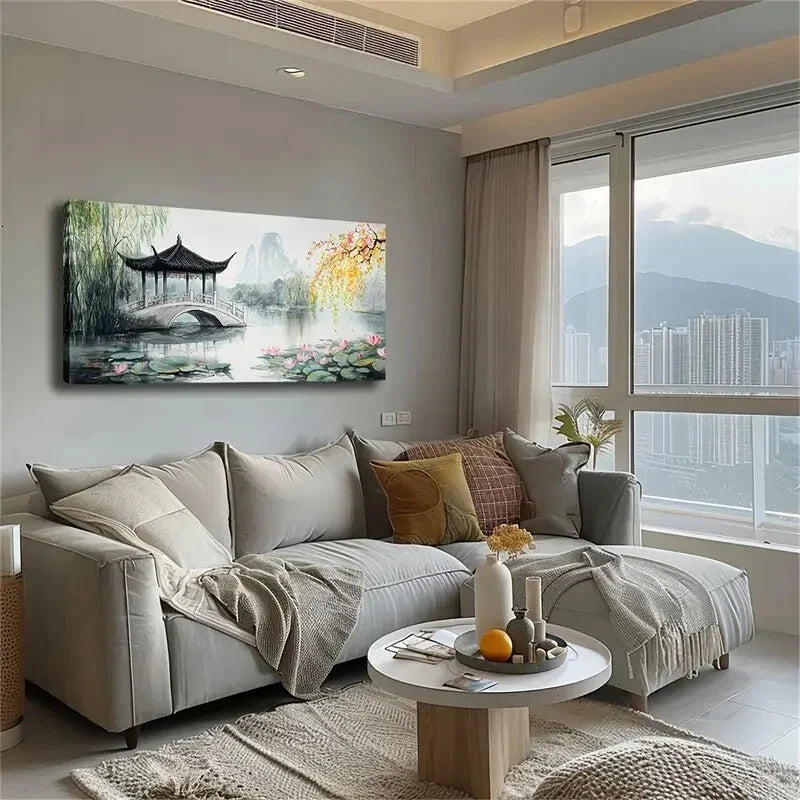 Serene Pavilion Stone Bridge Wall Art Canvas Office Home Room Framed 120x60cm