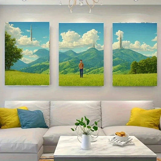 3pcs A for Man Standing on Grass Black Simple Metal Print Ready to Hang Art