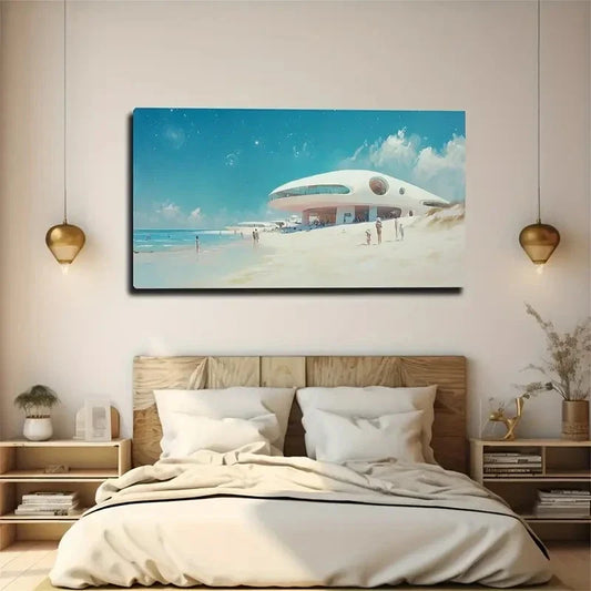Serene Beachscape Modern Wall Art Canvas Office Home Room Framed 80x45cm