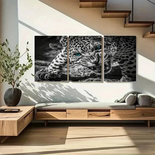 3pcs Black and White Jaguar with Green Eyes Wall Art Set Canvas Framed 40x60cm - High Quality Print 100% Australian Made Wall Canvas Ready to Hang