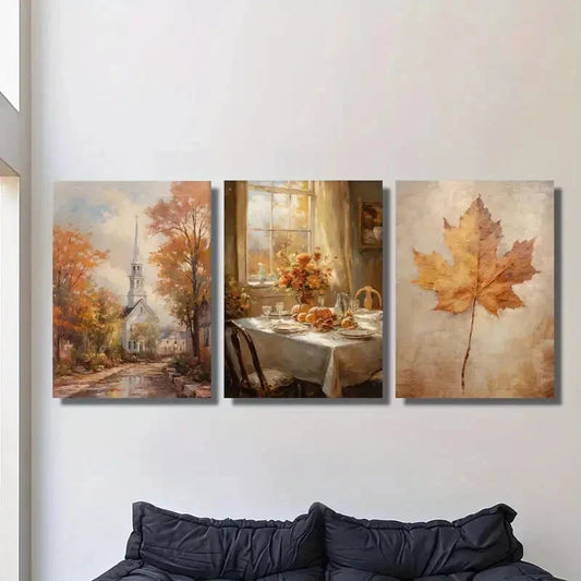 3pcs Vintage Autumn Town Landscape, Metal Print Ready to Hang Art
