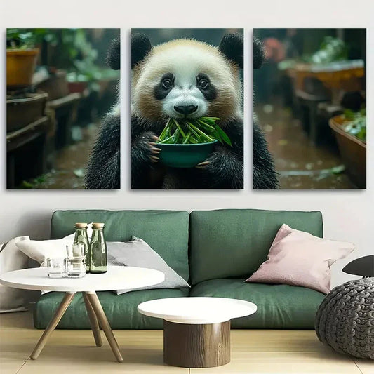 3pcs Cute Panda Bear Eating Bamboo Metal Print Ready to Hang Art