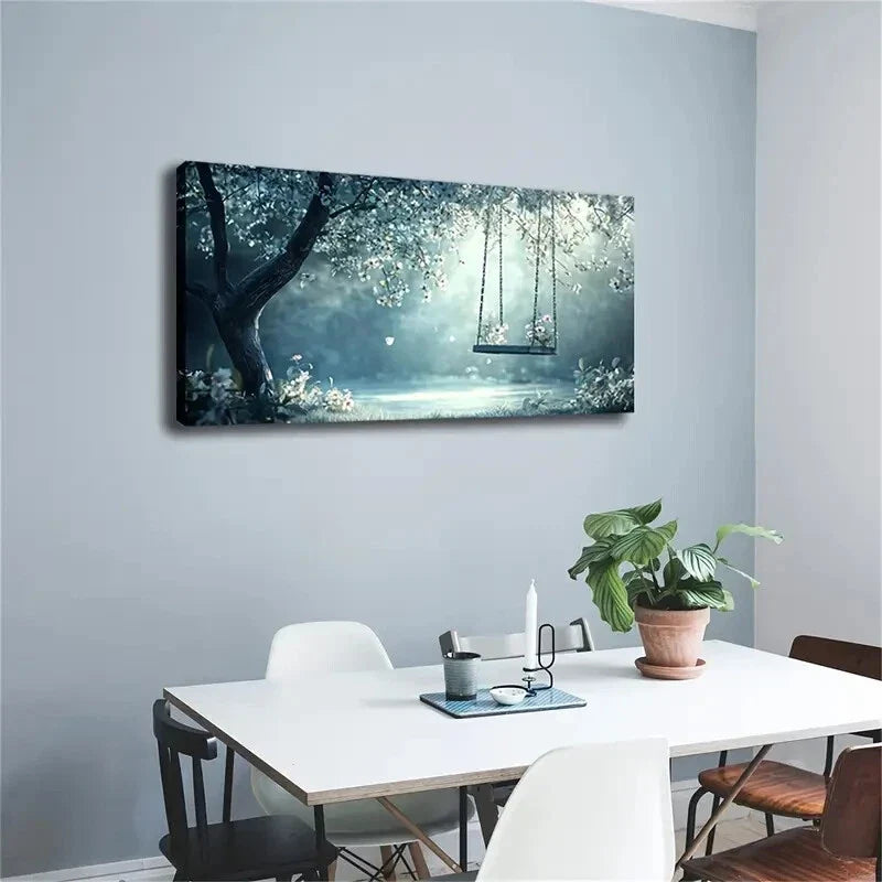 Tree Hangs Wooden Swing Wall Art Canvas Office Home Room Framed 120x60cm