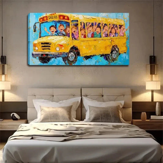 The School Bus Children Dance Wall Art Canvas Office Home Room Framed 120x60cm