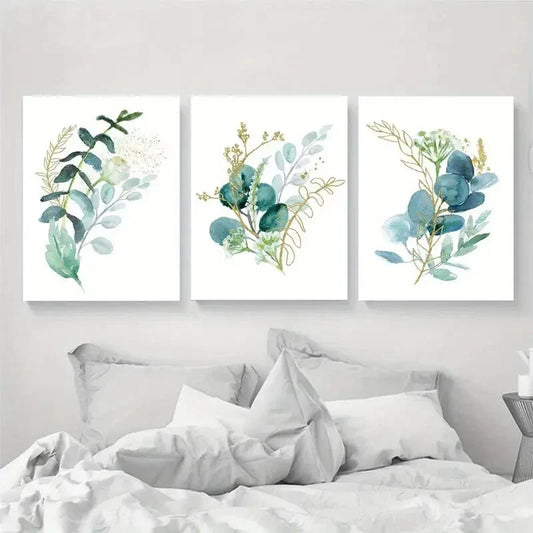 3pcs Golden and Blue Greenery Metal Print Ready to Hang Art
