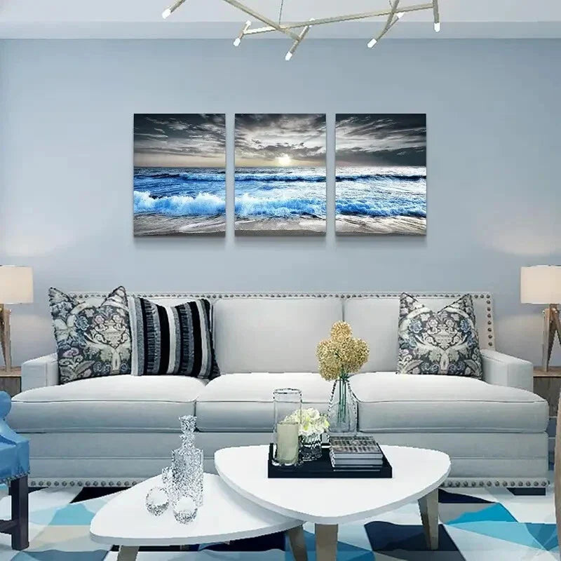 3pcs  Depicting Blue Sea Waves Metal Print Ready to Hang Art