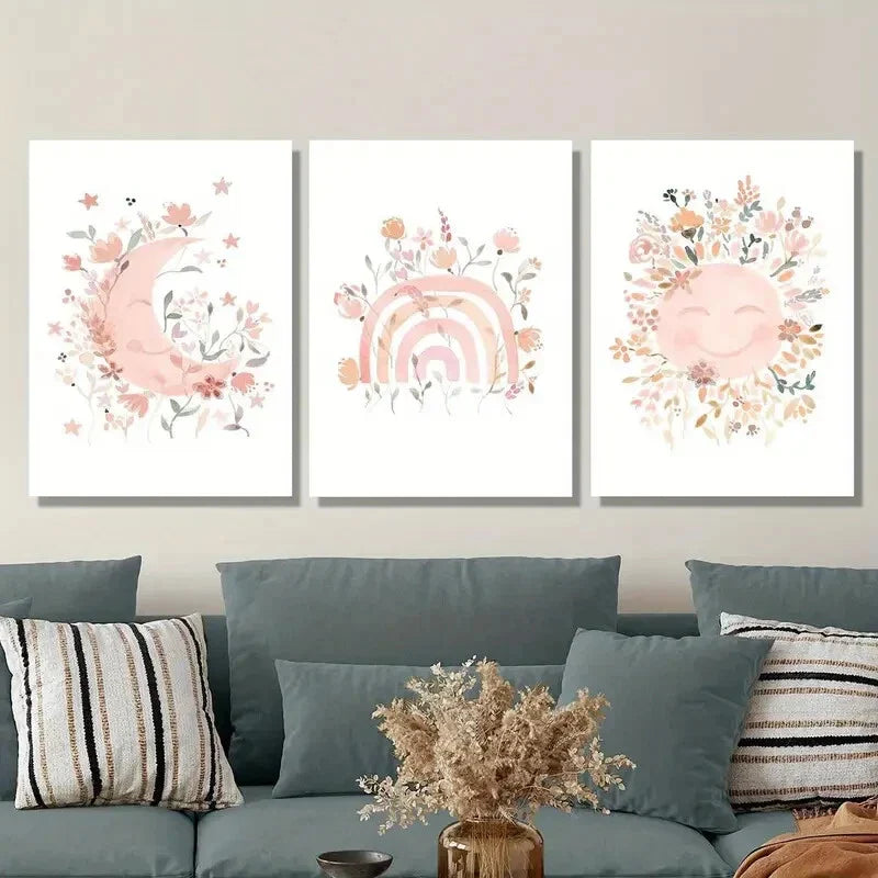 3pcs Colorful Moon Rainbow Sun Full of Flowers Metal Print Ready to Hang Art
