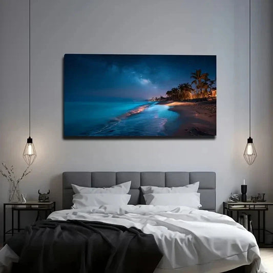 Tropical Beach Scene With Palm Wall Art Canvas Office Home Room Framed 80x45cm