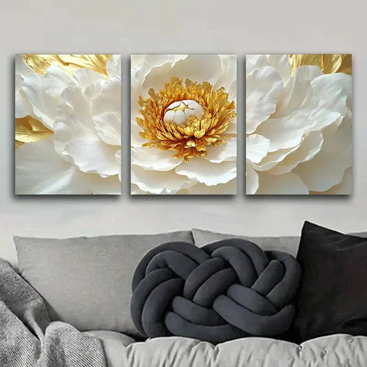 3pcs White Peony Gold Floral Waterproof Perfect Wall Art Set Canvas Framed 40x60cm - High Quality Print 100% Australian Made Wall Canvas Ready to Hang