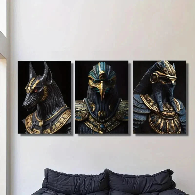 3pcs   Egyptian Mythology Golden Pharaoh & Anubis Art Metal Print Ready to Hang Art