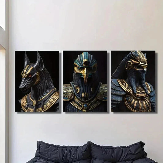 3pcs   Egyptian Mythology Golden Pharaoh & Anubis Art Metal Print Ready to Hang Art