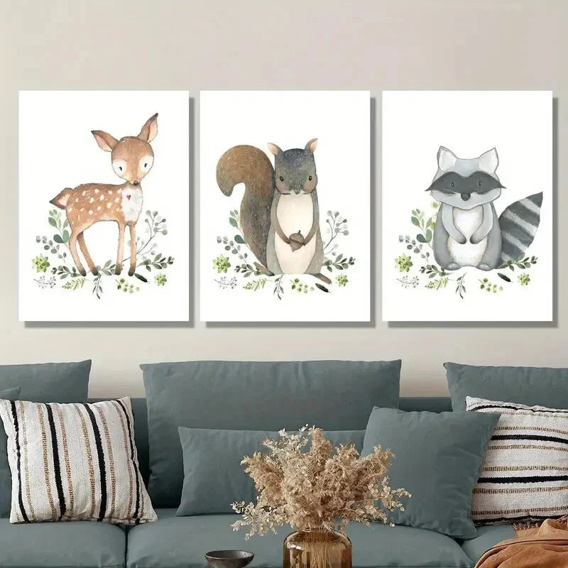 3pcs Cute baby deer squirrel raccoon watercolor Metal Print Ready to Hang Art