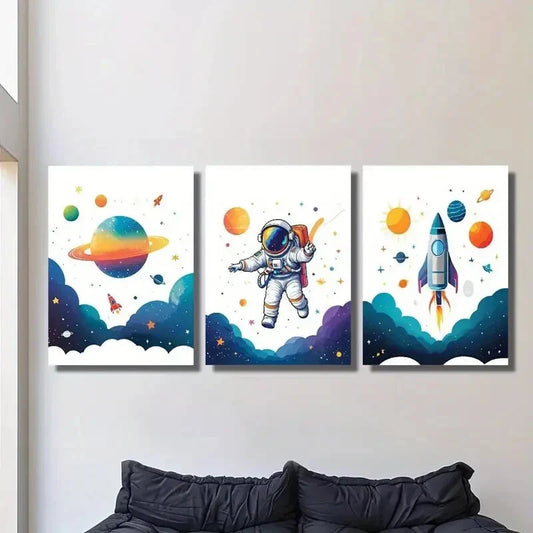 3pcs Cute astronaut, traveling on the planet, Metal Print Ready to Hang Art