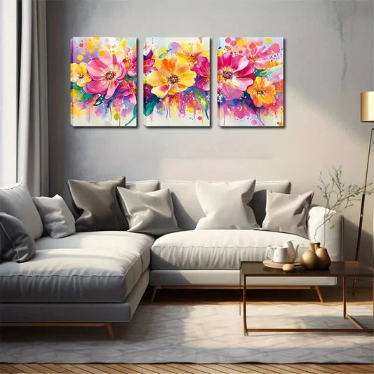 3pcs Bright Colors Splash Flower Wall Art Set Canvas Framed 40x60cm - High Quality Print 100% Australian Made Wall Canvas Ready to Hang