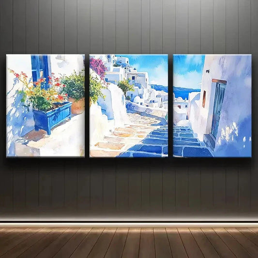 3pcs Greek Island Scenes with Vibrant Blue & White Metal Print Ready to Hang Art