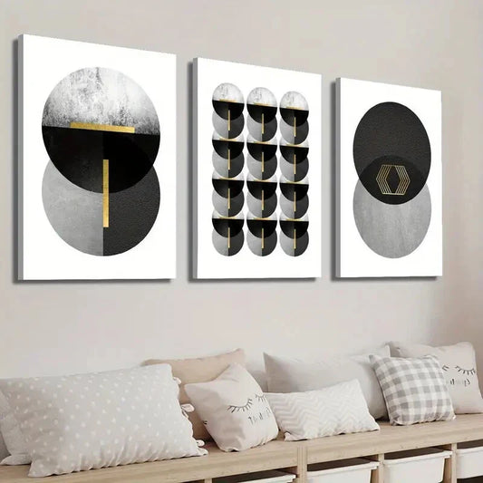 3pcs Black White Gray And Golden Shapes Wall Art Set Canvas Framed 40x60cm - High Quality Print 100% Australian Made Wall Canvas Ready to Hang