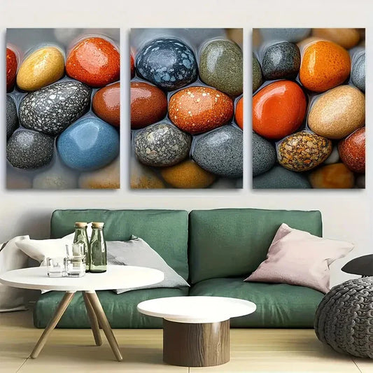 3pcs Tranquil Riverbed Stones Nature Inspired Metal Print Ready to Hang Art