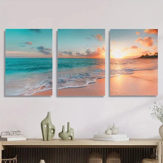 3pcs  Sunrise Coast Beach Blue Sea Nordic Coast   Metal Print Ready to Hang Art