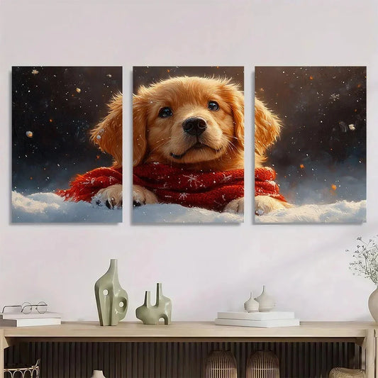 3pcs Puppy in Scarf Winter Scene Metal Print Ready to Hang Art