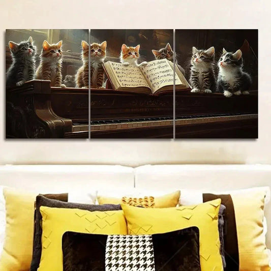 3pcs Featuring a Cat on a Piano   Wall Art Set Canvas Framed 40x60cm - High Quality Print 100% Australian Made Wall Canvas Ready to Hang