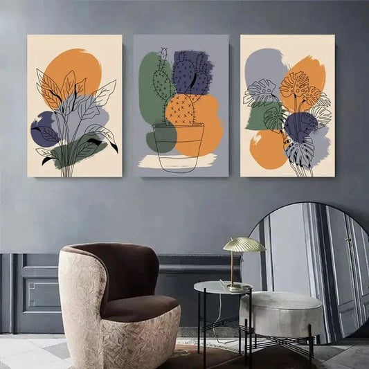 3pcs Monstera and Greenery with Abstract Metal Print Ready to Hang Art