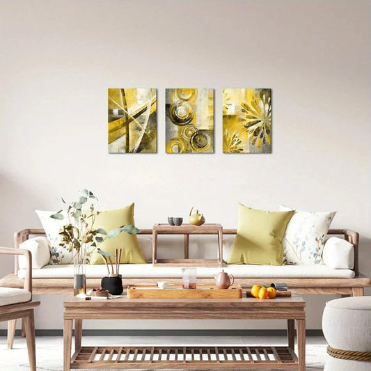3pcs Yellow Abstract Flowers Modern Metal Print Ready to Hang Art