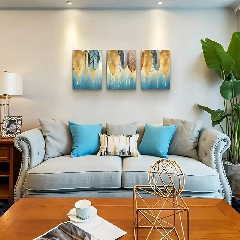 3pcs Golden Leaves Abstract Paintings  Metal Print Ready to Hang Art