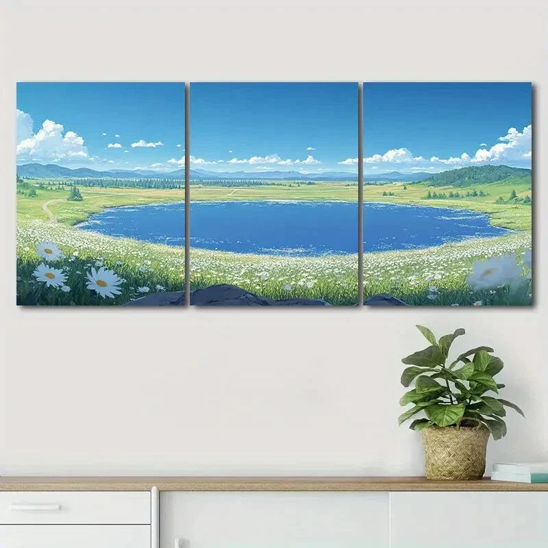 3pcs Green Meadows and White Daisies Perfect Wall Art Set Canvas Framed 40x60cm - High Quality Print 100% Australian Made Wall Canvas Ready to Hang