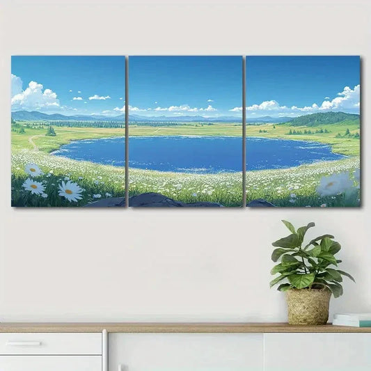 3pcs Green Meadows and White Daisies Perfect Wall Art Set Canvas Framed 40x60cm - High Quality Print 100% Australian Made Wall Canvas Ready to Hang