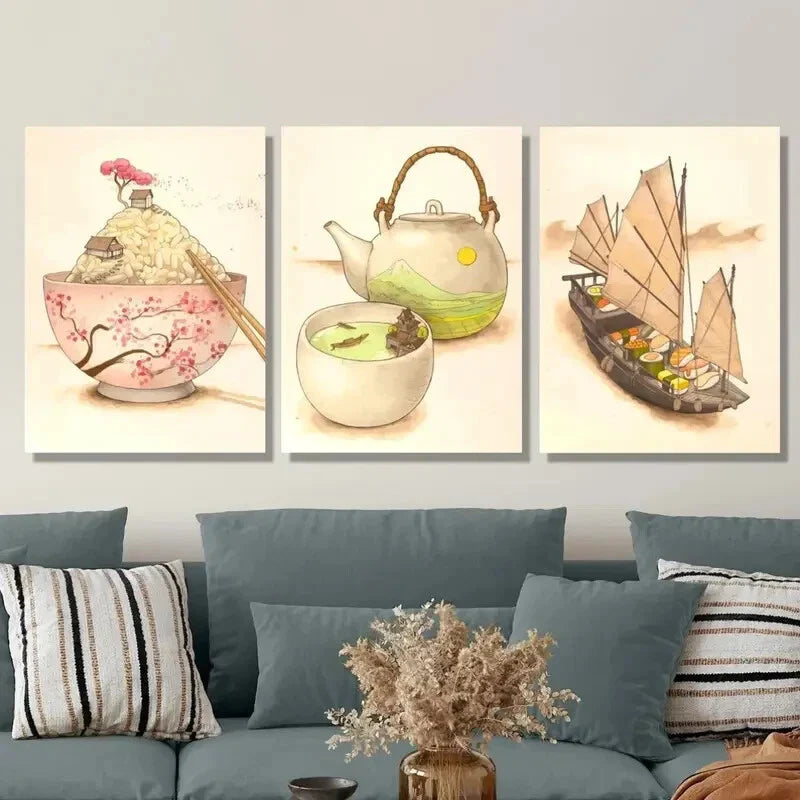 3pcs Ink Painting of Rice, Sailboats Metal Print Ready to Hang Art