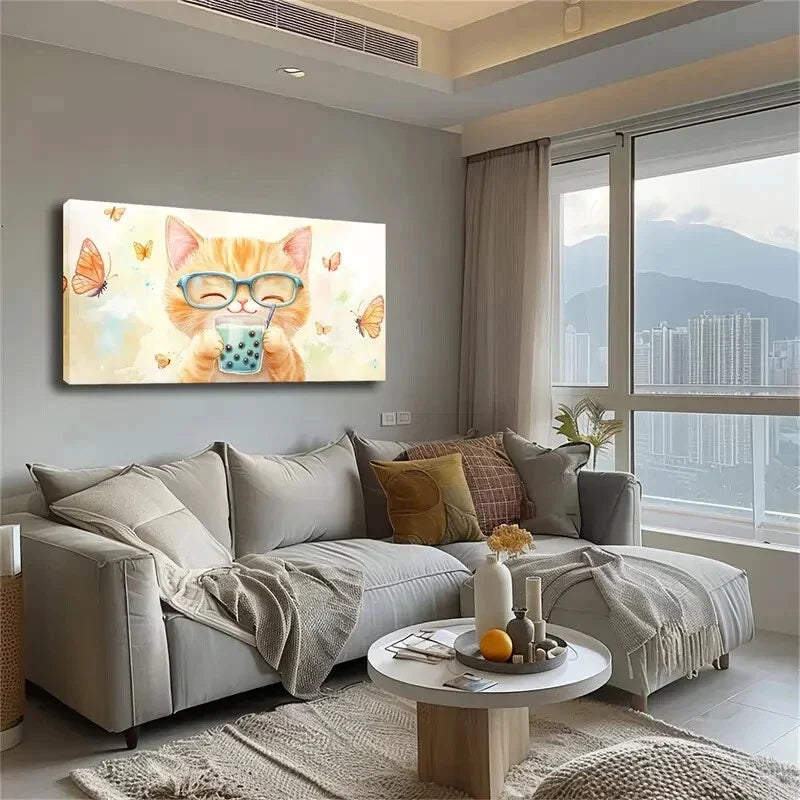Brown Kitten Holding A Cup Wall Art Canvas Office Home Room Framed 120x60cm