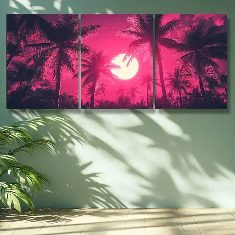 3pcs Vibrant Pink Palm Tree & Moon Night SceneMetal Print Ready to Hang Art