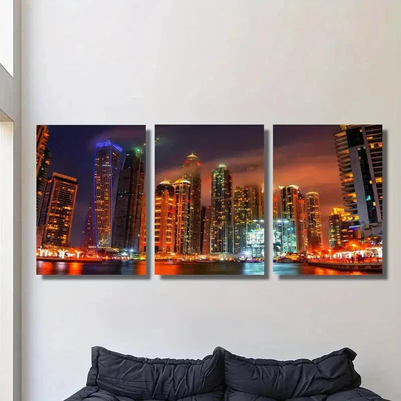 3pcs Dubai Skyline at Night with Lights Metal Print Ready to Hang Art