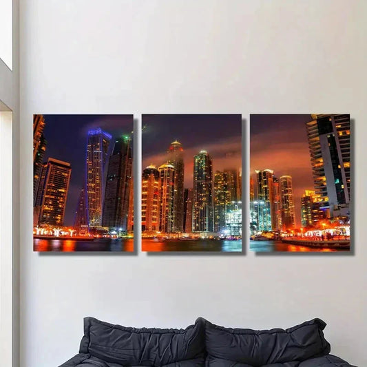 3pcs Dubai Skyline at Night with Lights Metal Print Ready to Hang Art