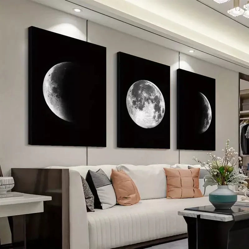 3pcs Full and Half Moon Black & White Canvas Framed 40x60cm - High Quality Print 100% Australian Made Wall Canvas Ready to Hang