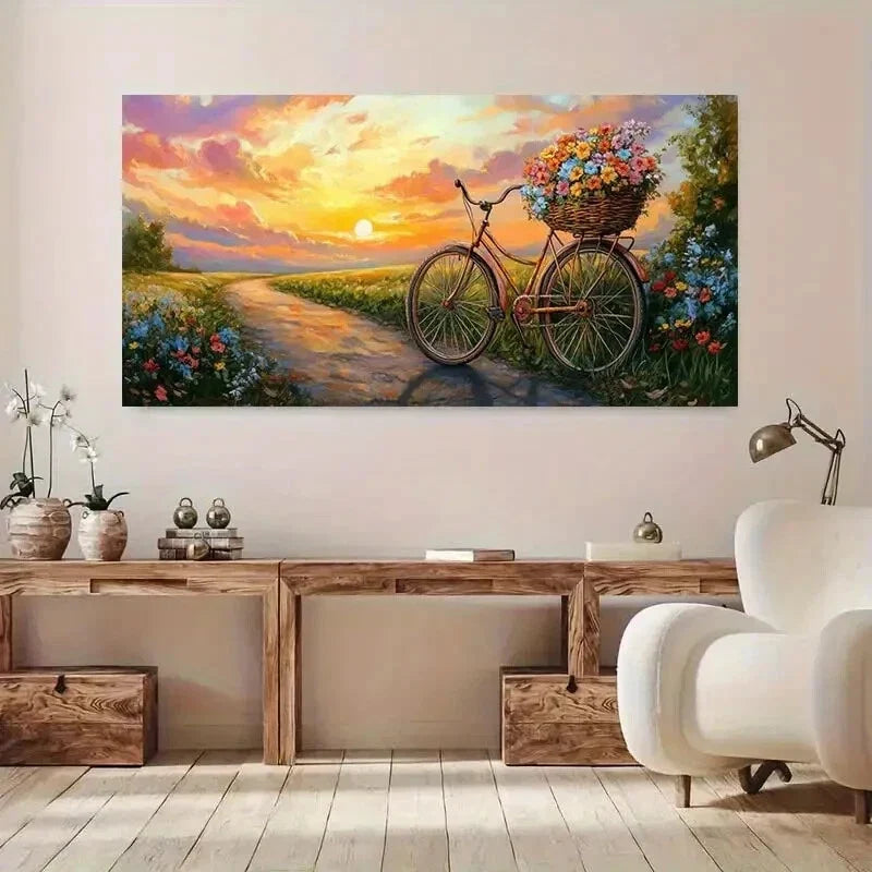 Bicycle with Flowers Path wall canvas office home room framed 120x60cm