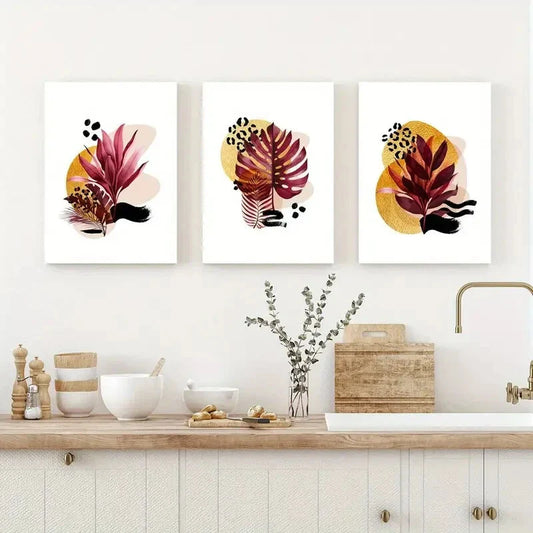 3pcs Golden Luxury Botanical Leaves Metal Print Ready to Hang Art