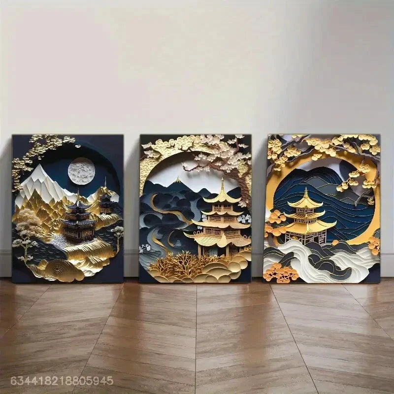 3pcs Kintsugi Japan Golden, Japanese Metal Print Ready to Hang Art