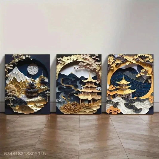3pcs Kintsugi Japan Golden, Japanese Metal Print Ready to Hang Art