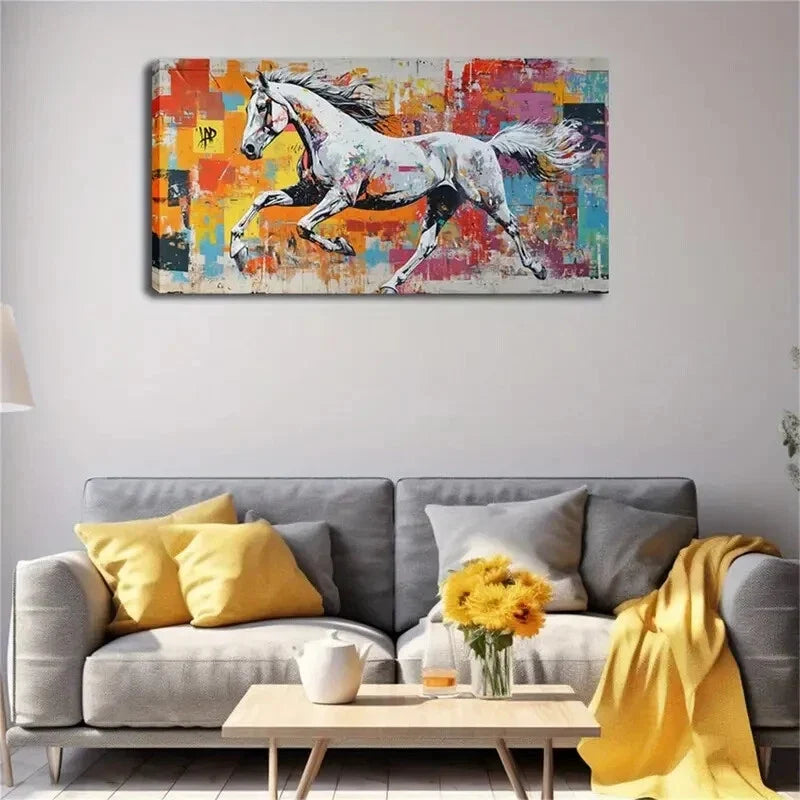 A White Horse Running Brightly Wall Art Canvas Office Home Room Framed 120x60cm