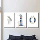 3pcs White seagull wearing scarf, lighthouseMetal Print Ready to Hang Art