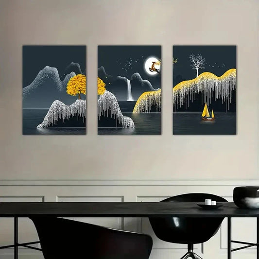3pcs  Elk Jumping in Moonlight Landscape,  Metal Print Ready to Hang Art