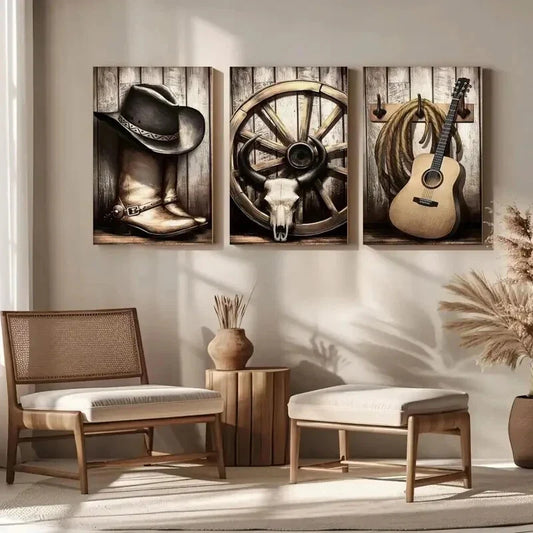 3pcs American West Rodeo Cowboy Hat Boots Metal Print Ready to Hang Art
