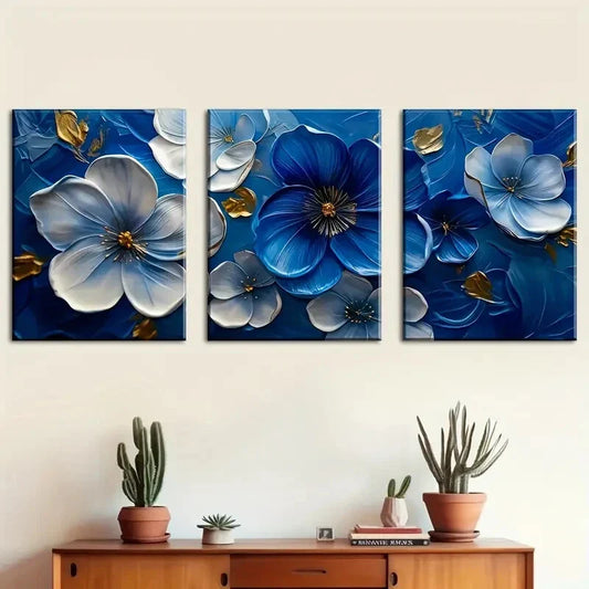 3pcs Blue And White Floral Patterns Wall Art Set Canvas Framed 40x60cm - High Quality Print 100% Australian Made Wall Canvas Ready to Hang