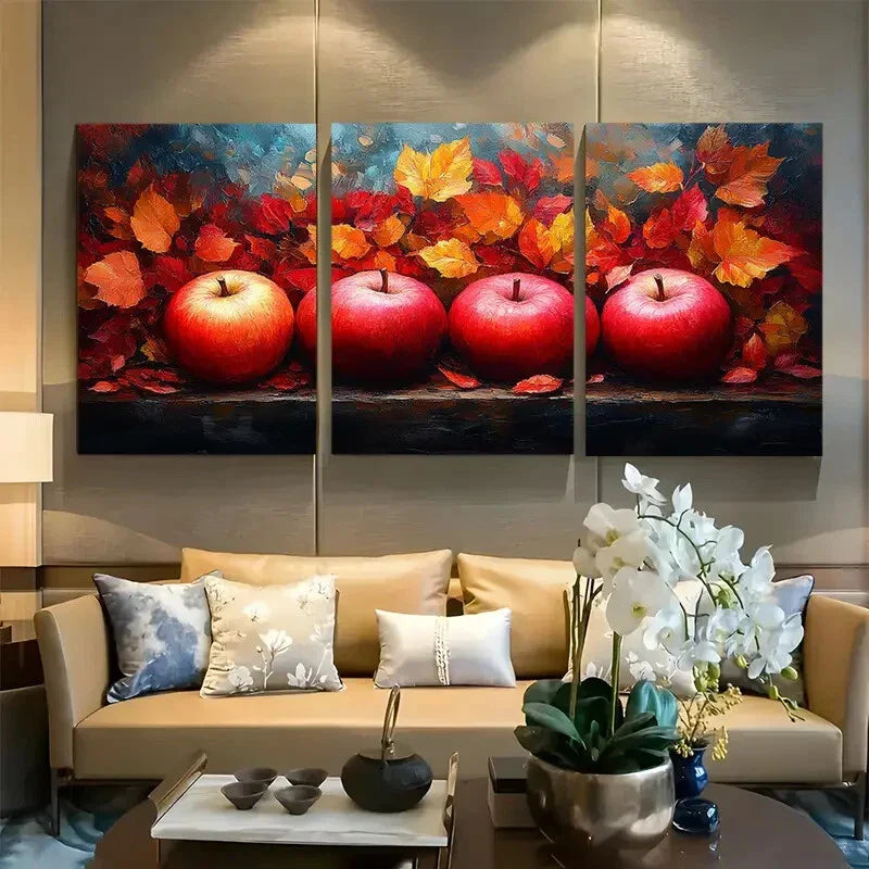3pcs Apples with Autumn Leaves Metal Print Ready to Hang Art