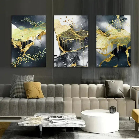 3pcs Modern Abstract Black & Golden  Metal Print Ready to Hang Art
