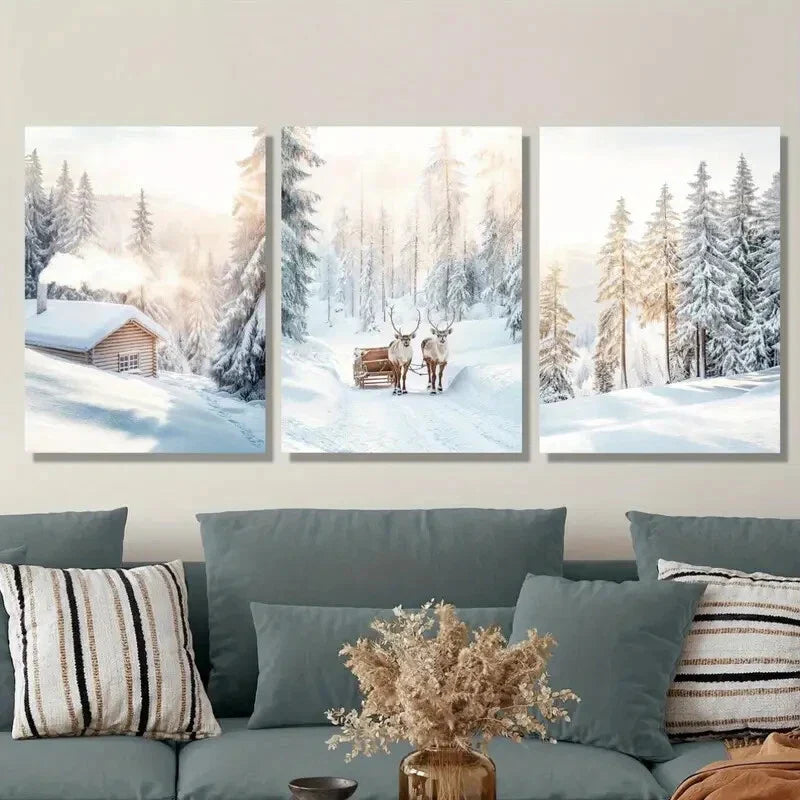 3pcs Snow Scene Christmas Elk, Nordic Metal Print Ready to Hang Art