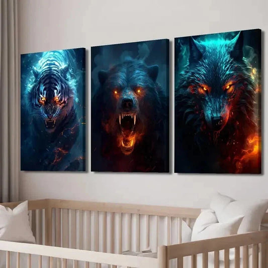 3pcs Angry Tiger Wolf Bear Animal Wall Art Set Canvas Framed 40x60cm - High Quality Print 100% Australian Made Wall Canvas Ready to Hang
